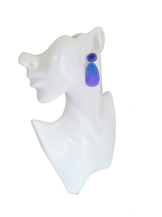 Purple Blue Oval Organic Shape Drop Earrings, Blue Purple Iridescent Dangles, Resin Handmade, Stainless Steel, Statement Gift for her