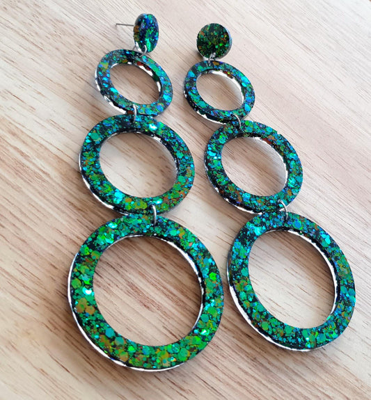 Chainging Colour Circle Oversized Resin Earrings, Statement Green, Blue Gold Mix Glitter Dangles, Stainless Steel Hypoallergenic Lightweight