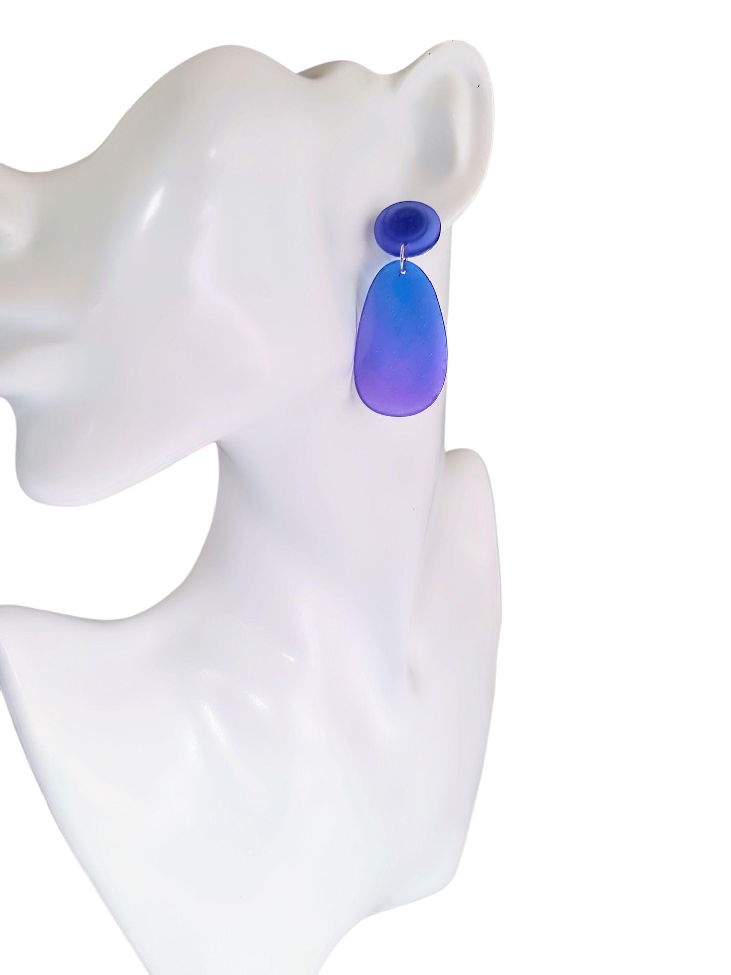 Purple Blue Oval Organic Shape Drop Earrings, Blue Purple Iridescent Dangles, Resin Handmade, Stainless Steel, Statement Gift for her