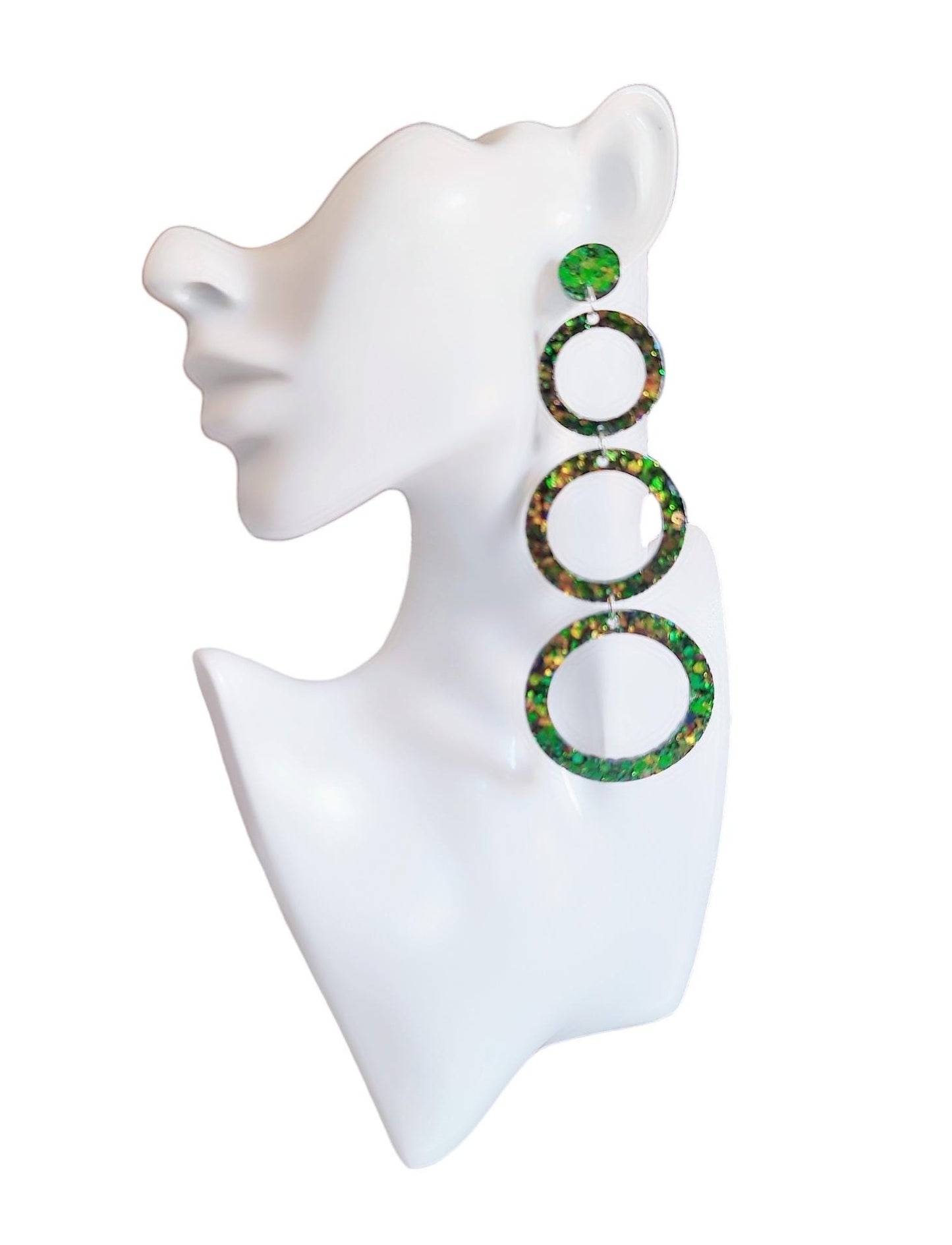 Chainging Colour Circle Oversized Resin Earrings, Statement Green, Blue Gold Mix Glitter Dangles, Stainless Steel Hypoallergenic Lightweight