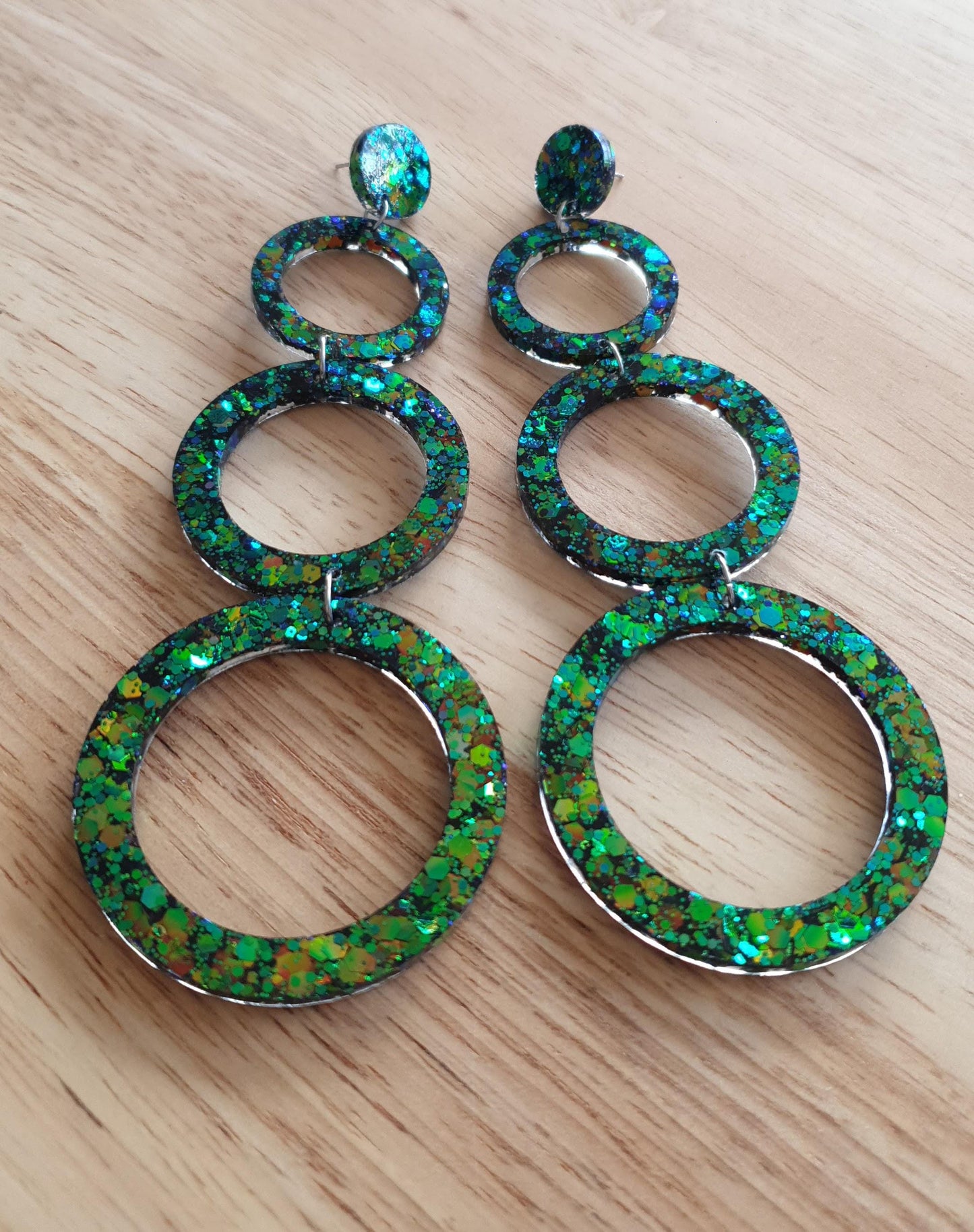 Chainging Colour Circle Oversized Resin Earrings, Statement Green, Blue Gold Mix Glitter Dangles, Stainless Steel Hypoallergenic Lightweight