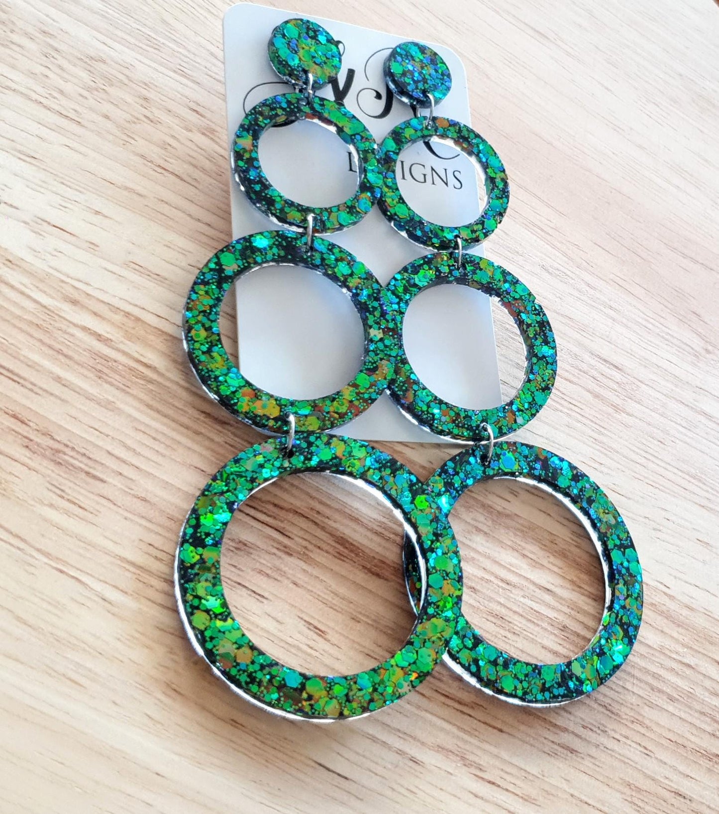 Chainging Colour Circle Oversized Resin Earrings, Statement Green, Blue Gold Mix Glitter Dangles, Stainless Steel Hypoallergenic Lightweight