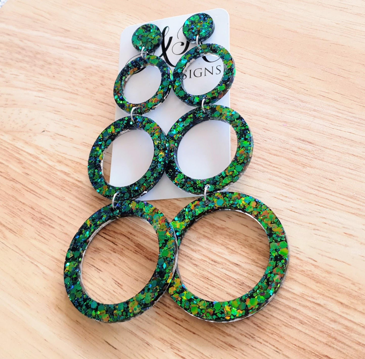Chainging Colour Circle Oversized Resin Earrings, Statement Green, Blue Gold Mix Glitter Dangles, Stainless Steel Hypoallergenic Lightweight