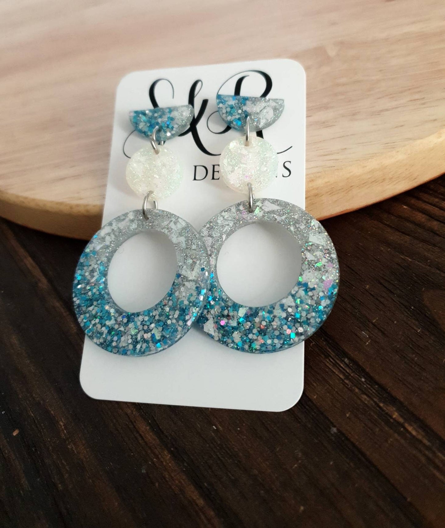 Long Dangle Resin Circle Earrings, Blue and Silver Mix Earrings, Stainless Steel Earrings, Statement Earrings