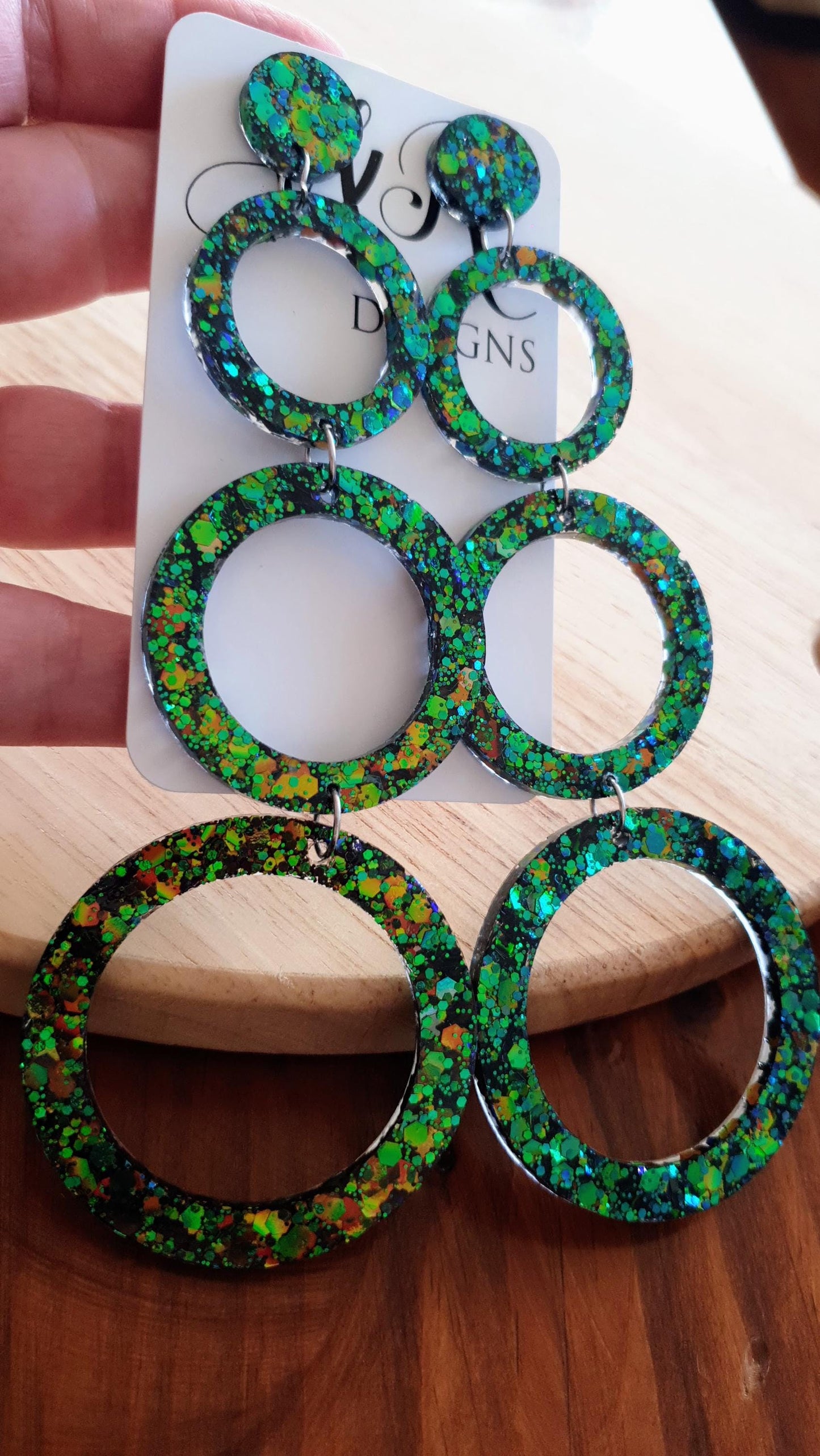 Chainging Colour Circle Oversized Resin Earrings, Statement Green, Blue Gold Mix Glitter Dangles, Stainless Steel Hypoallergenic Lightweight
