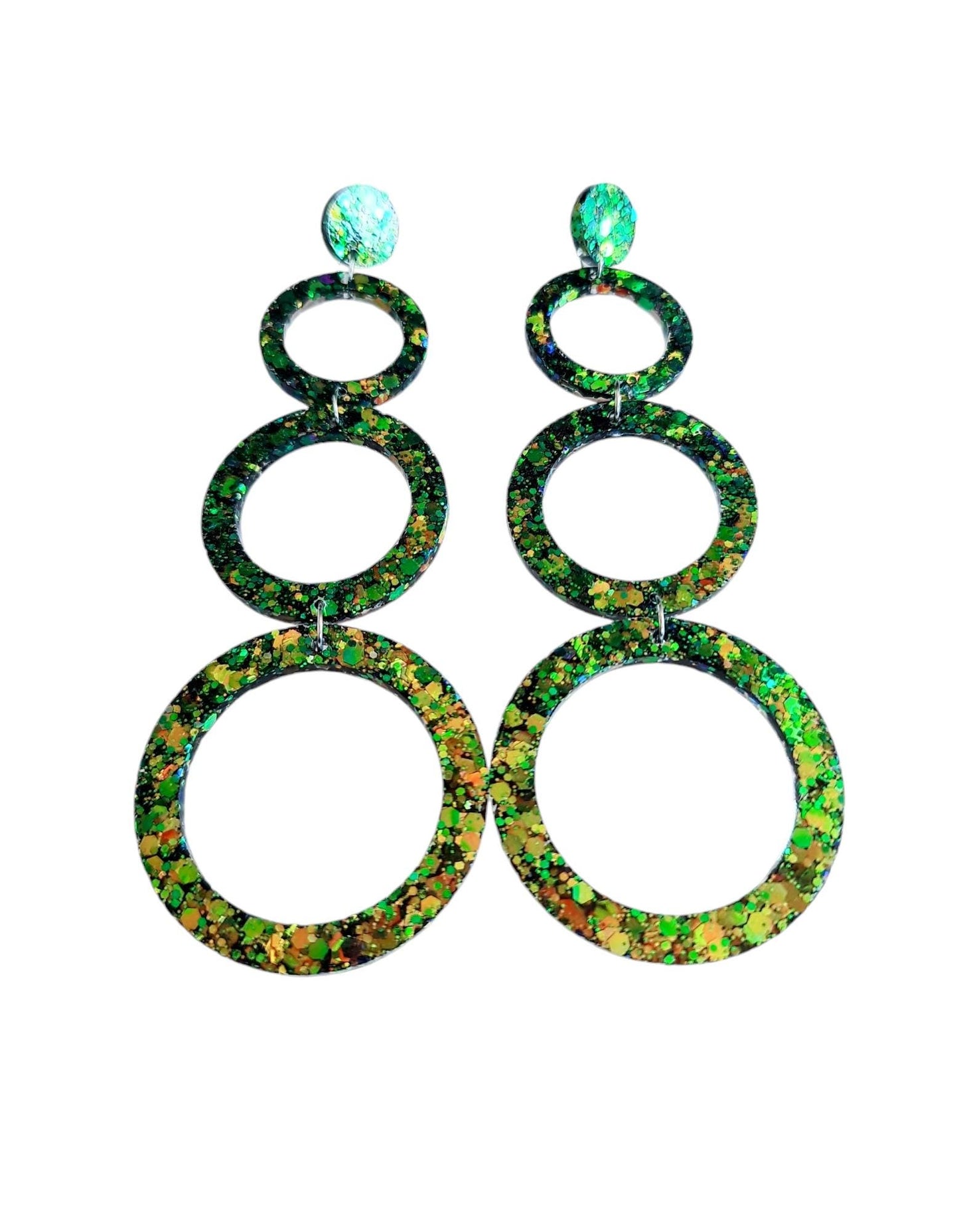 Chainging Colour Circle Oversized Resin Earrings, Statement Green, Blue Gold Mix Glitter Dangles, Stainless Steel Hypoallergenic Lightweight