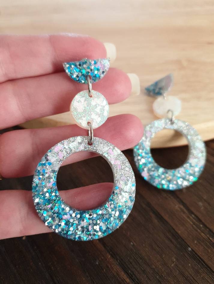 Long Dangle Resin Circle Earrings, Blue and Silver Mix Earrings, Stainless Steel Earrings, Statement Earrings