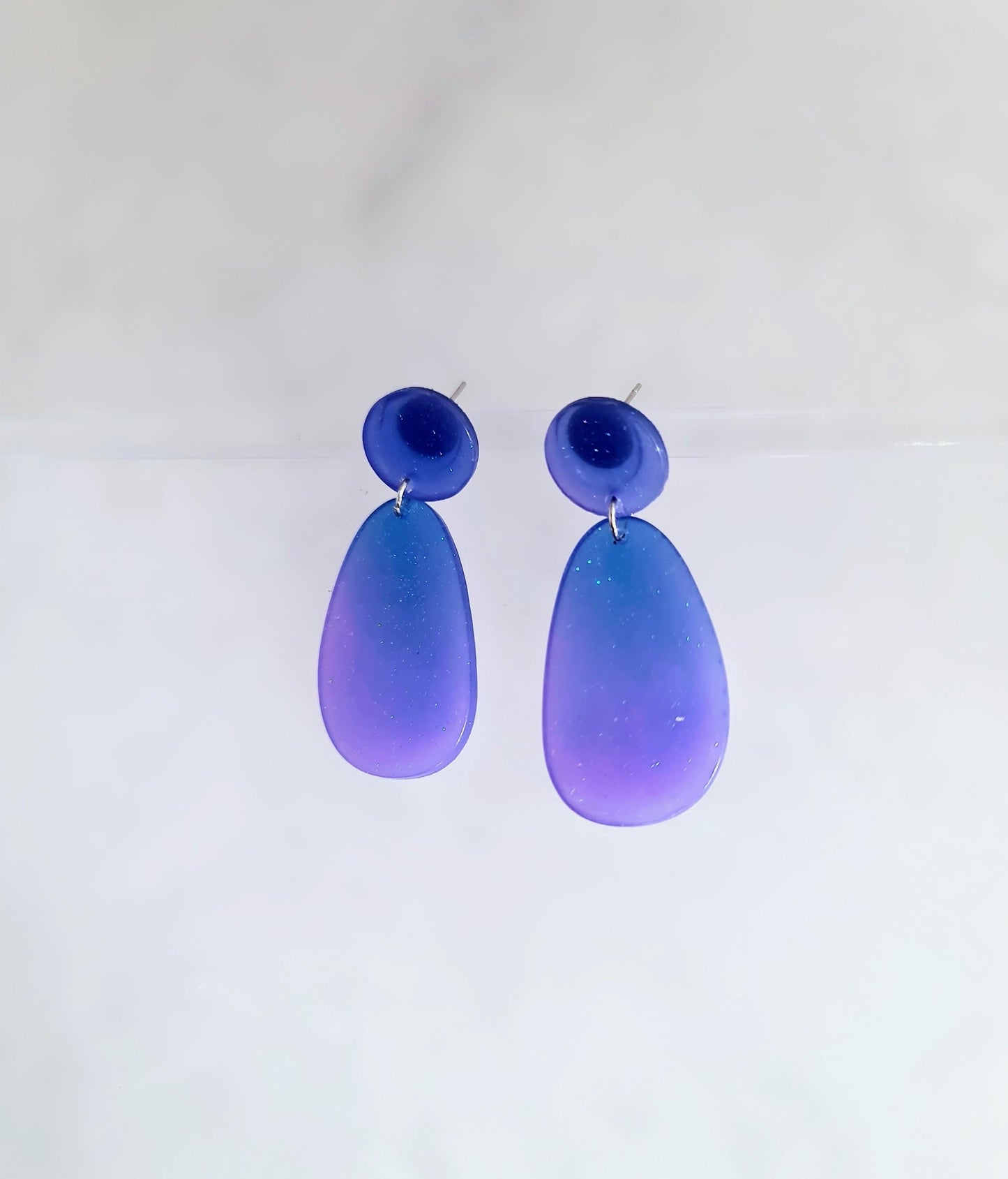 Purple Blue Oval Organic Shape Drop Earrings, Blue Purple Iridescent Dangles, Resin Handmade, Stainless Steel, Statement Gift for her