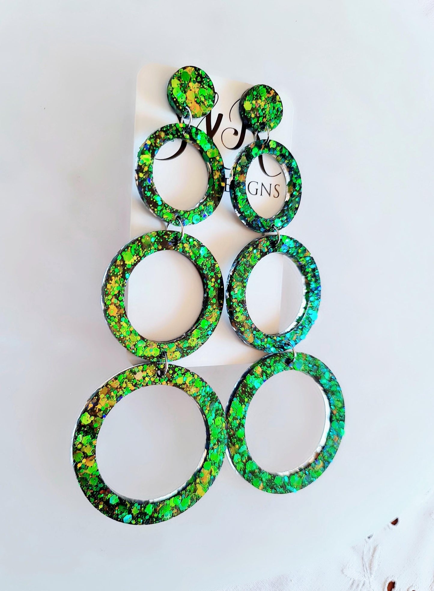 Chainging Colour Circle Oversized Resin Earrings, Statement Green, Blue Gold Mix Glitter Dangles, Stainless Steel Hypoallergenic Lightweight