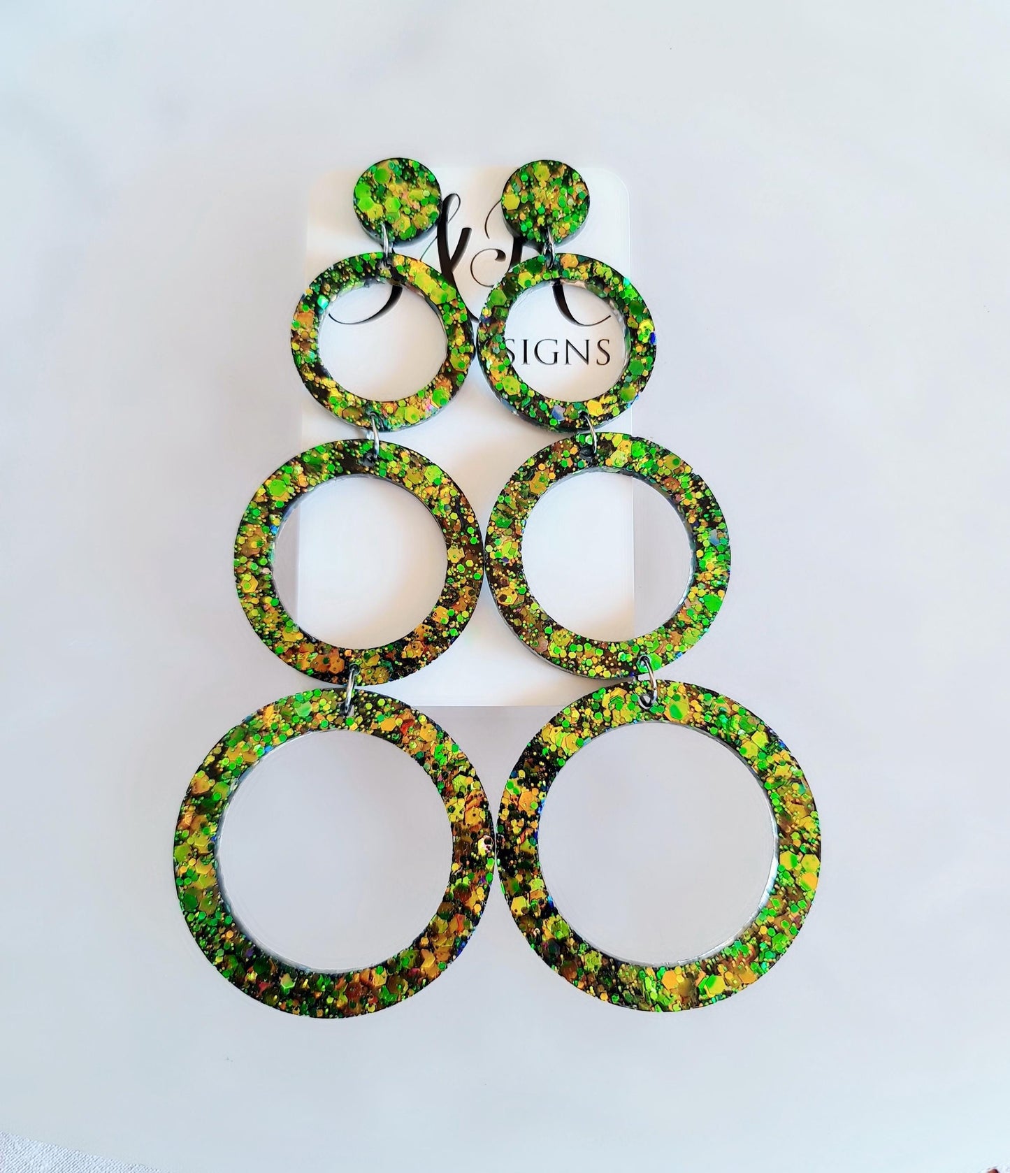 Chainging Colour Circle Oversized Resin Earrings, Statement Green, Blue Gold Mix Glitter Dangles, Stainless Steel Hypoallergenic Lightweight