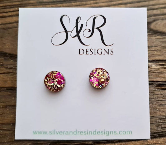 Circle Dot Resin Stud Earrings, Pink Gold Glitter Earrings. Stainless Steel Stud Earrings. 12mm, 10mm or 8mm