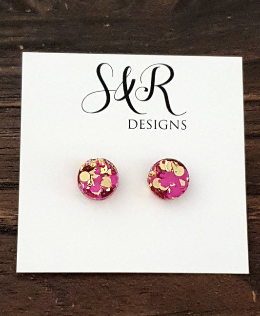 Hot Pink Gold Circle Dot Resin Stud Earrings, Hot Pink and Gold Mix Glitter Earrings. Stainless Steel Stud Earrings. 12mm, 10mm or 8mm