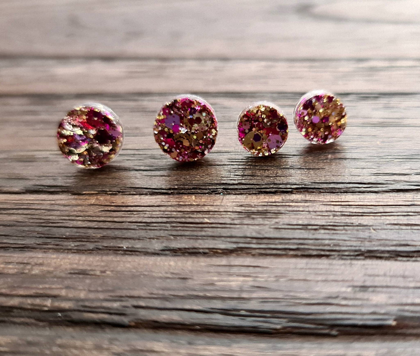 Circle Dot Resin Stud Earrings, Pink Gold Glitter Earrings. Stainless Steel Stud Earrings. 12mm, 10mm or 8mm