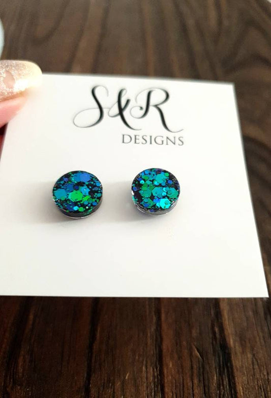 Emerald Green Blue Circle Dot Resin Stud Earrings, Chameleon Glitter Earrings. Stainless Steel Minimalist Studs. 15mm, 12mm, 10mm or 8mm