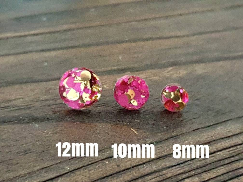 Hot Pink Gold Circle Dot Resin Stud Earrings, Hot Pink and Gold Mix Glitter Earrings. Stainless Steel Stud Earrings. 12mm, 10mm or 8mm
