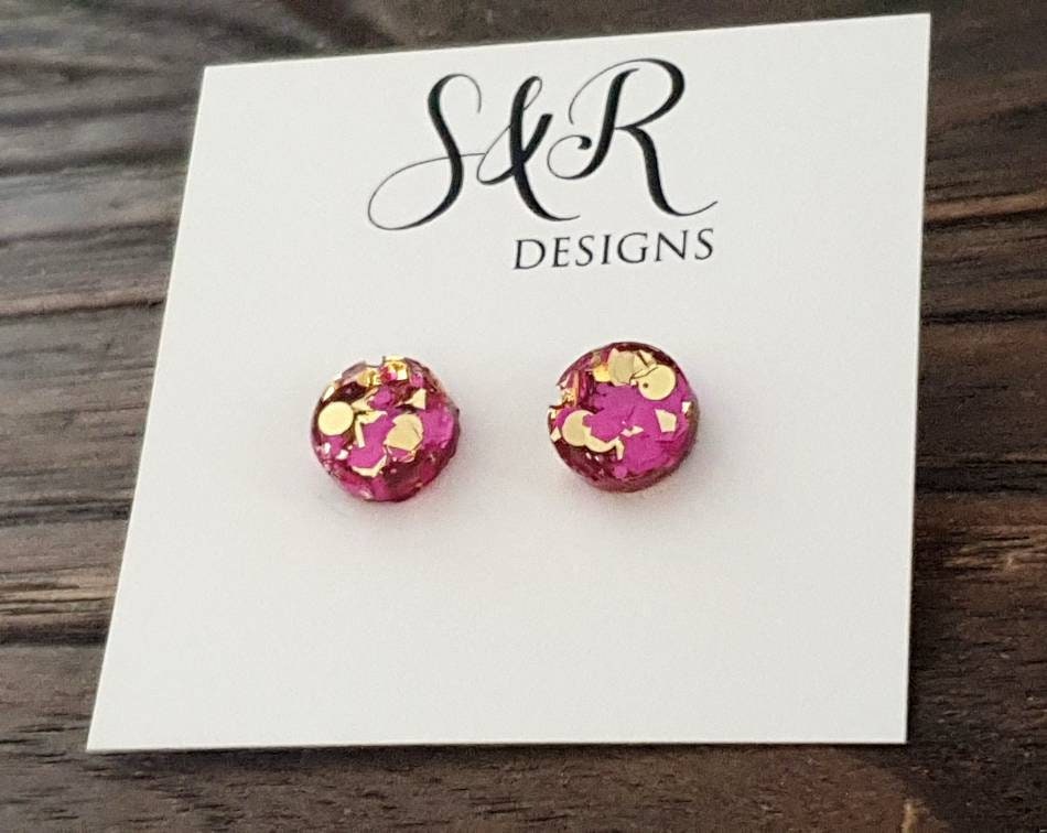 Hot Pink Gold Circle Dot Resin Stud Earrings, Hot Pink and Gold Mix Glitter Earrings. Stainless Steel Stud Earrings. 12mm, 10mm or 8mm