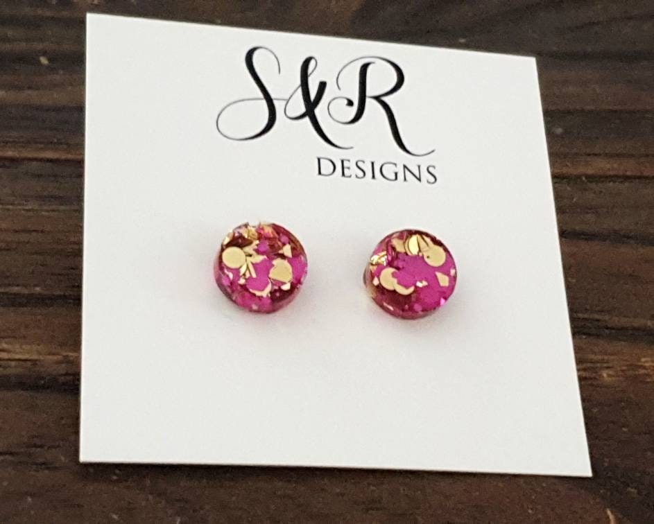 Hot Pink Gold Circle Dot Resin Stud Earrings, Hot Pink and Gold Mix Glitter Earrings. Stainless Steel Stud Earrings. 12mm, 10mm or 8mm