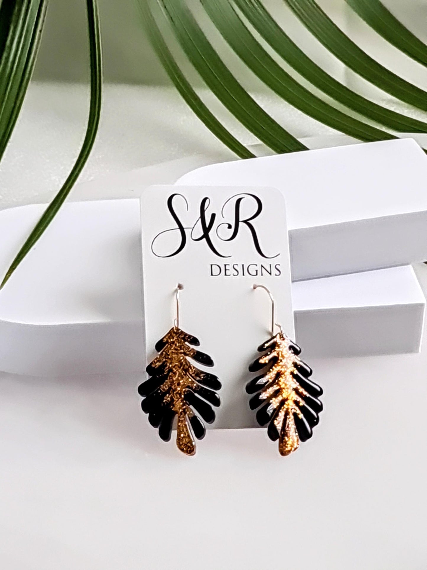 Gold and Black Leaves Dangle Earrings, Handmade Glitter Resin Leaf Earrings, Bold Statement Jewellery, Hypoallergenic, Flower Lover