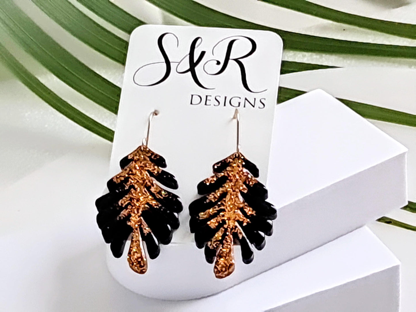 Gold and Black Leaves Dangle Earrings, Handmade Glitter Resin Leaf Earrings, Bold Statement Jewellery, Hypoallergenic, Flower Lover