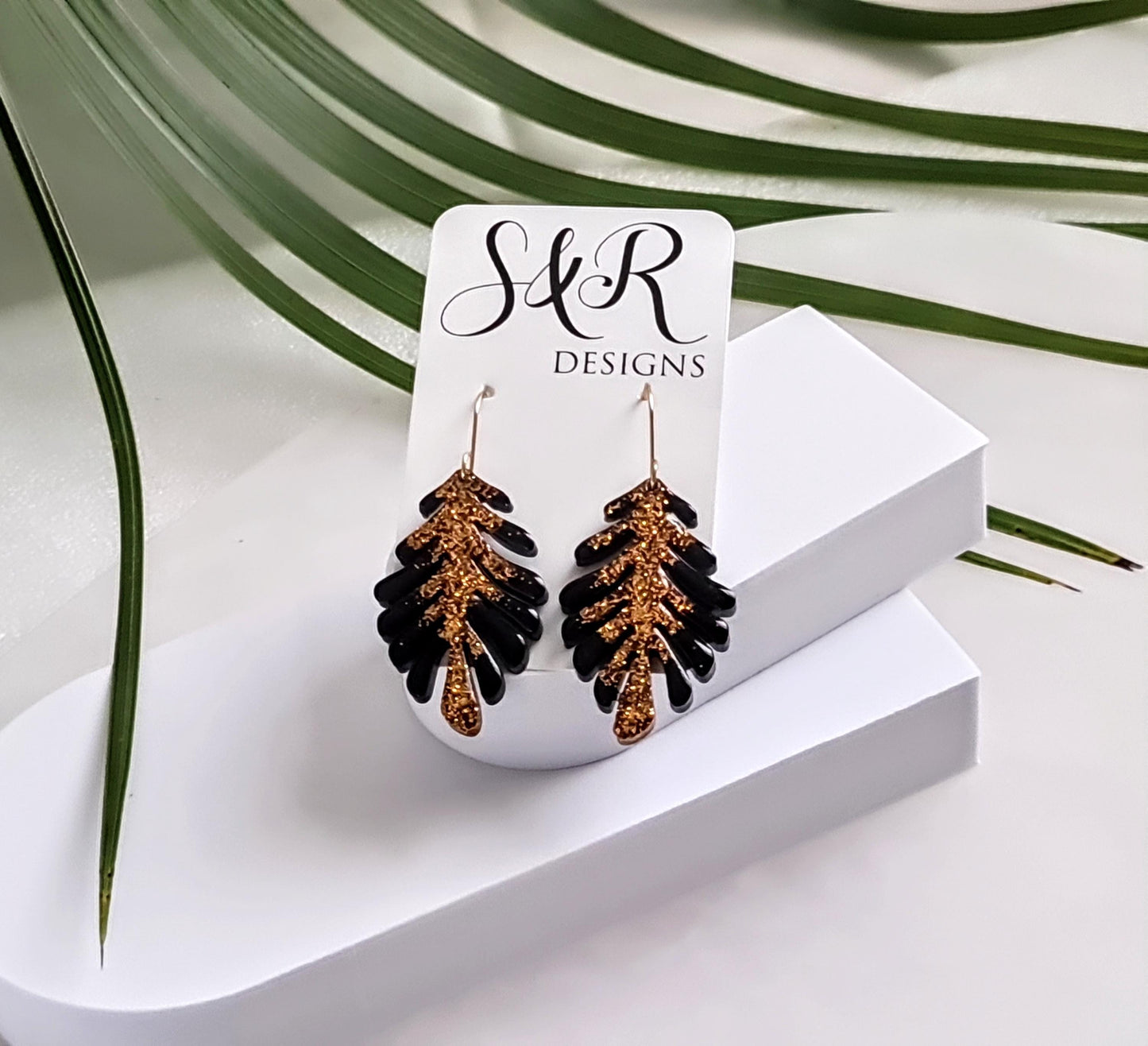 Gold and Black Leaves Dangle Earrings, Handmade Glitter Resin Leaf Earrings, Bold Statement Jewellery, Hypoallergenic, Flower Lover
