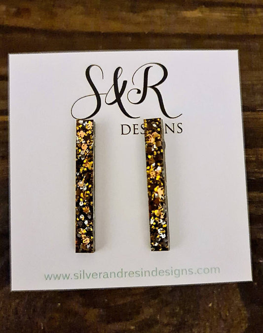 Long Bar Earrings, Silver, Gold, Rose Gold, Black Mix Glitter Earrings, Bar Resin Earrings, Stainless Steel Earrings, Statement Earrings