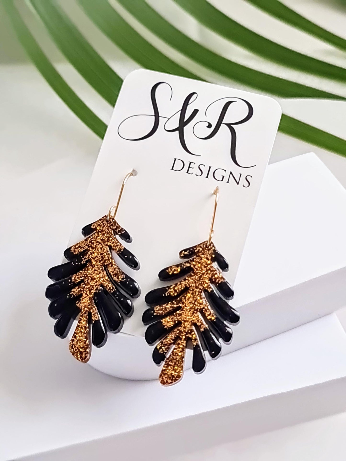 Gold and Black Leaves Dangle Earrings, Handmade Glitter Resin Leaf Earrings, Bold Statement Jewellery, Hypoallergenic, Flower Lover