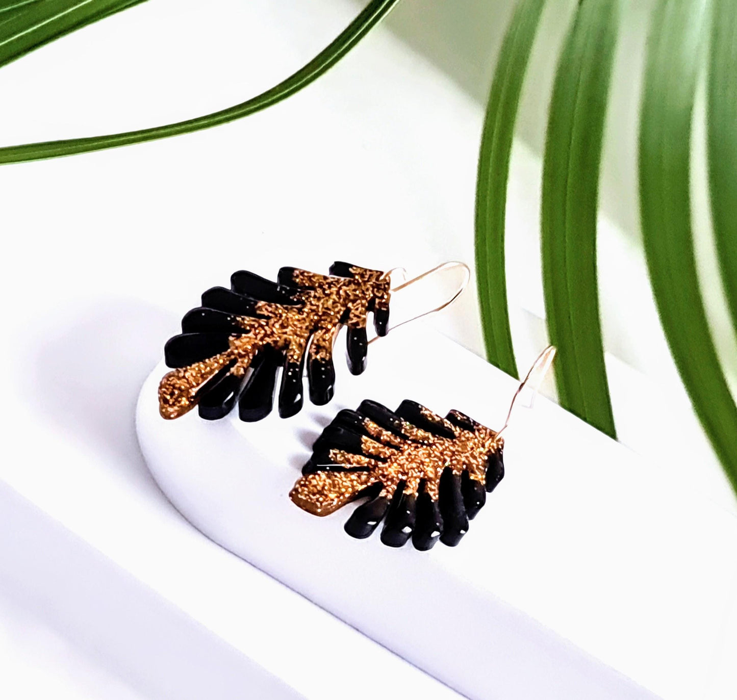 Gold and Black Leaves Dangle Earrings, Handmade Glitter Resin Leaf Earrings, Bold Statement Jewellery, Hypoallergenic, Flower Lover