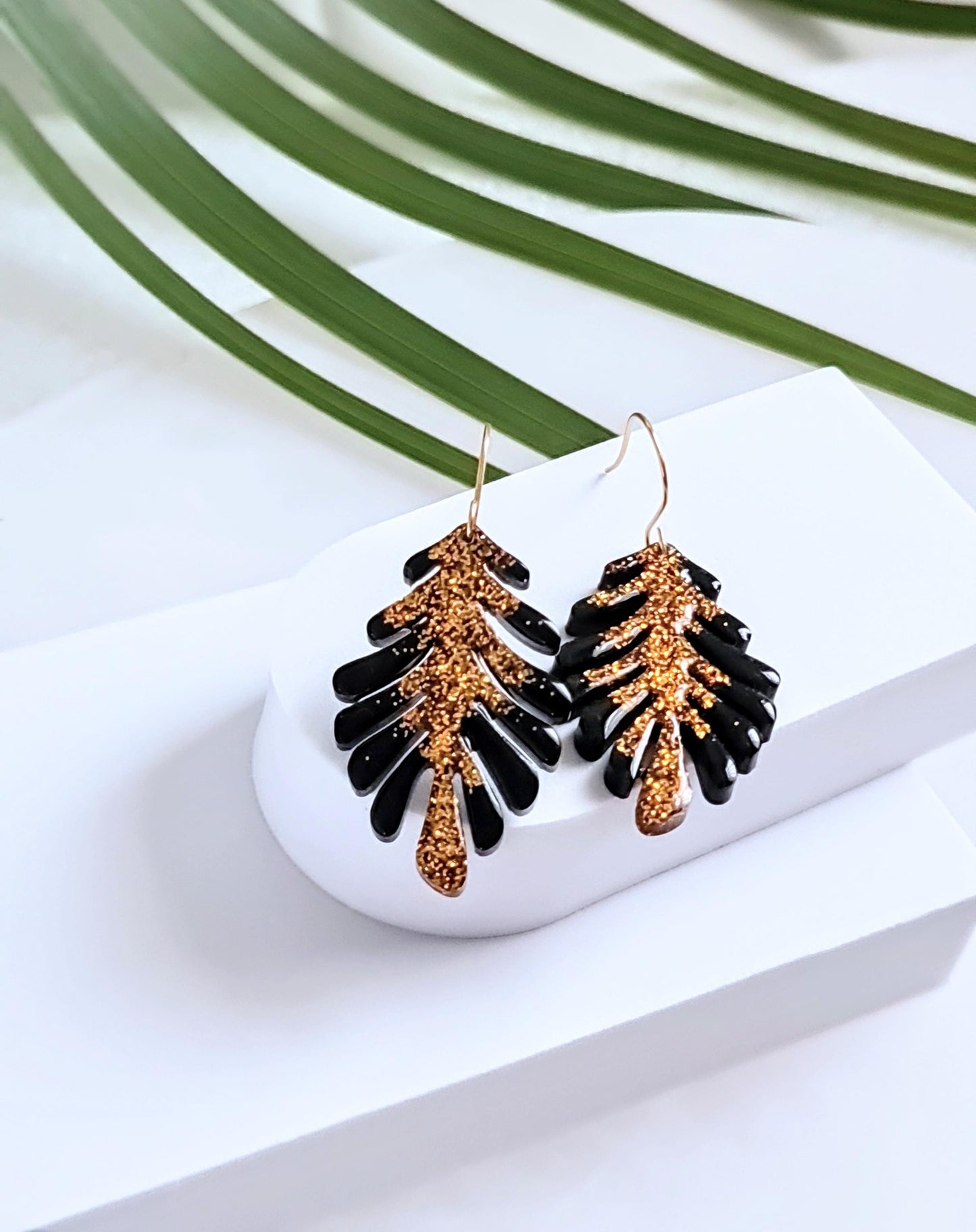 Gold and Black Leaves Dangle Earrings, Handmade Glitter Resin Leaf Earrings, Bold Statement Jewellery, Hypoallergenic, Flower Lover