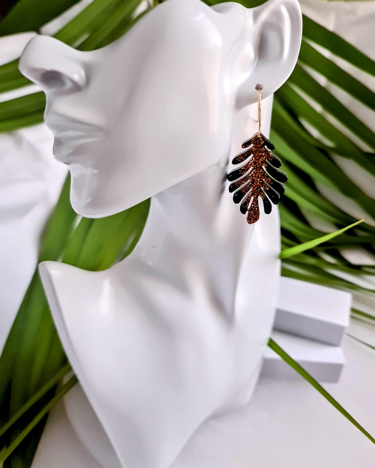 Gold and Black Leaves Dangle Earrings, Handmade Glitter Resin Leaf Earrings, Bold Statement Jewellery, Hypoallergenic, Flower Lover