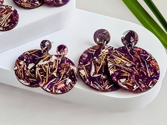 Purple Circle Dangle Acrylic Earrings, Purple Silver Gold Leaf Mix Earrings, Acrylic Earrings, Stainless Steel Earrings. Choose from 5 sizes