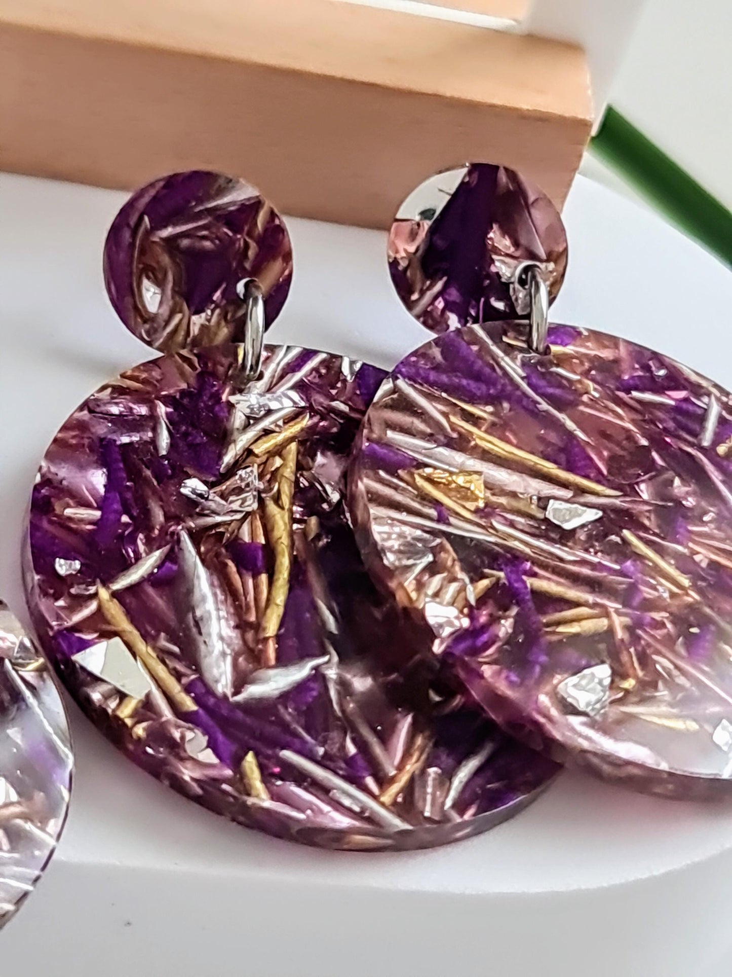 Purple Circle Dangle Acrylic Earrings, Purple Silver Gold Leaf Mix Earrings, Acrylic Earrings, Stainless Steel Earrings. Choose from 5 sizes