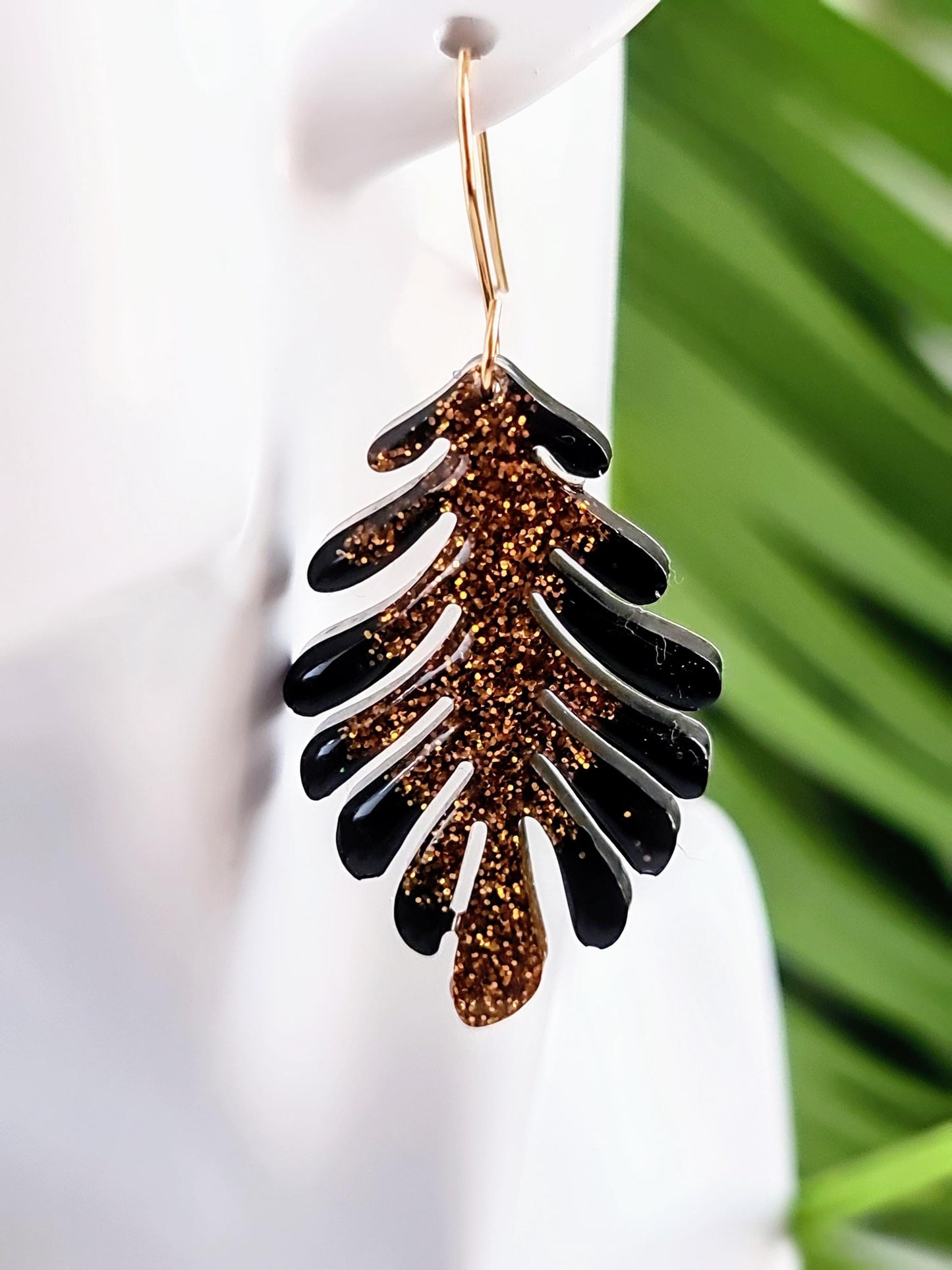 Gold and Black Leaves Dangle Earrings, Handmade Glitter Resin Leaf Earrings, Bold Statement Jewellery, Hypoallergenic, Flower Lover