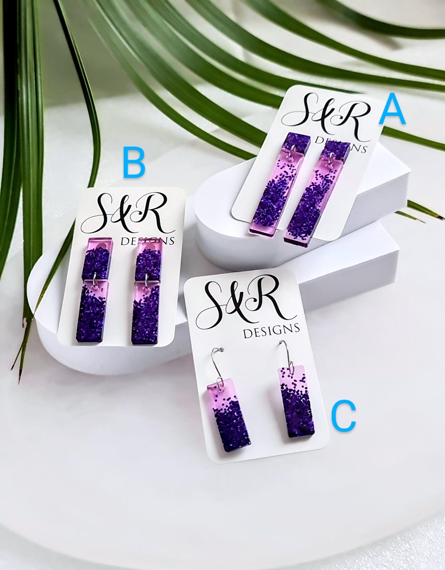 Glitter Resin Dangle Earrings, Vibrant Purple Statement Earrings, Sparkly Acrylic Bar Earrings, Lightweight Party Jewelry, Unique Rectangle