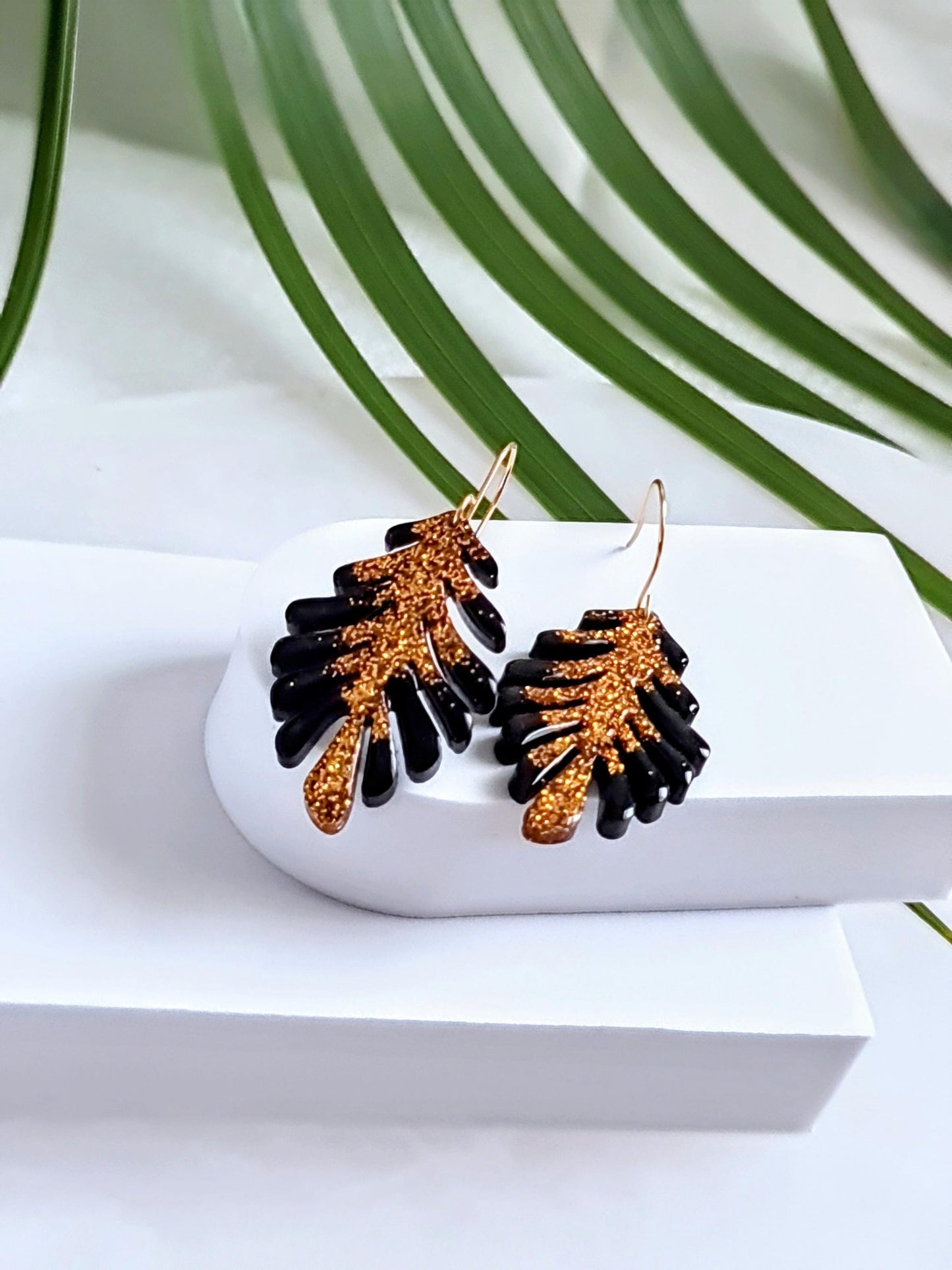 Gold and Black Leaves Dangle Earrings, Handmade Glitter Resin Leaf Earrings, Bold Statement Jewellery, Hypoallergenic, Flower Lover