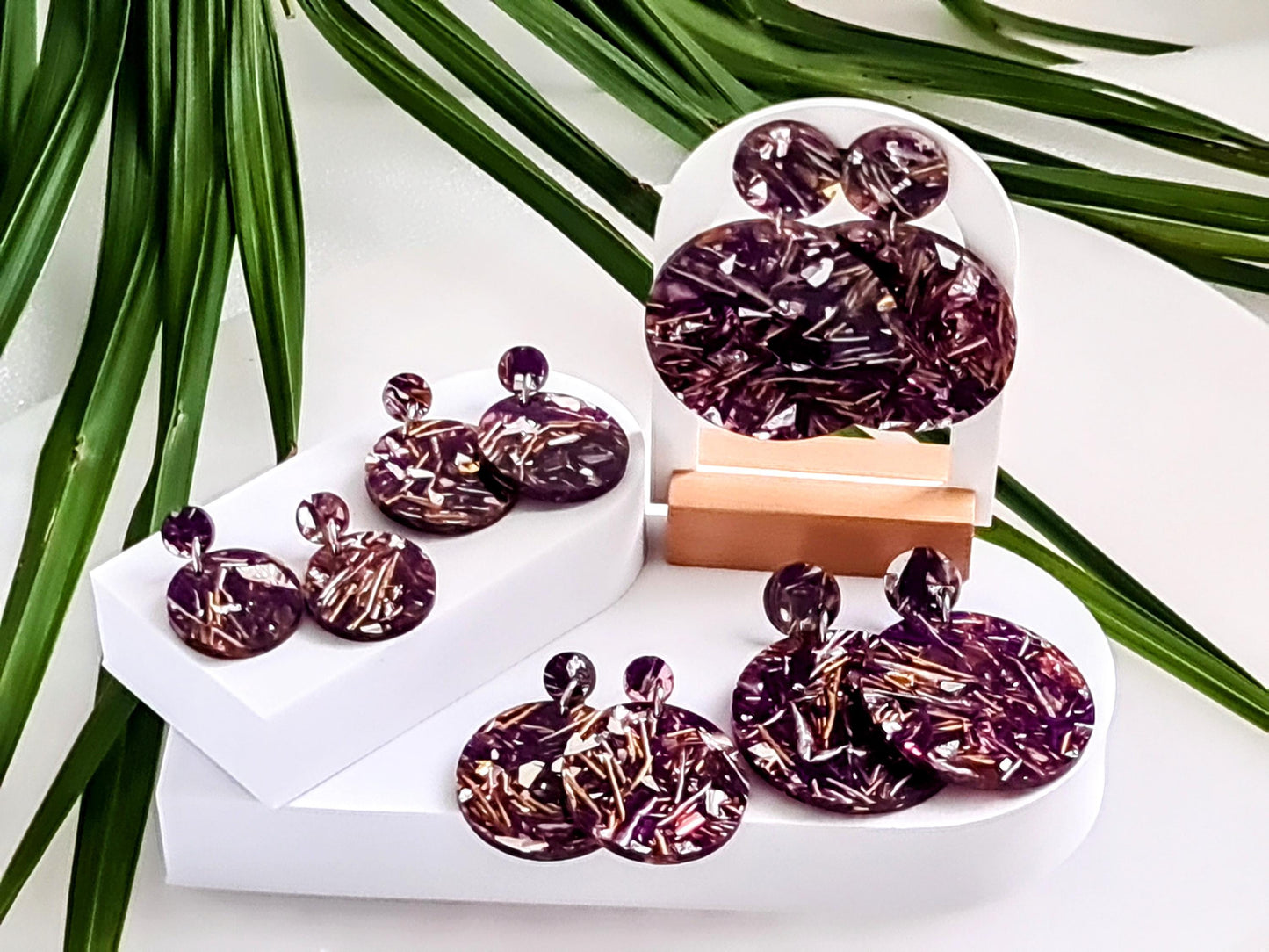 Purple Circle Dangle Acrylic Earrings, Purple Silver Gold Leaf Mix Earrings, Acrylic Earrings, Stainless Steel Earrings. Choose from 5 sizes