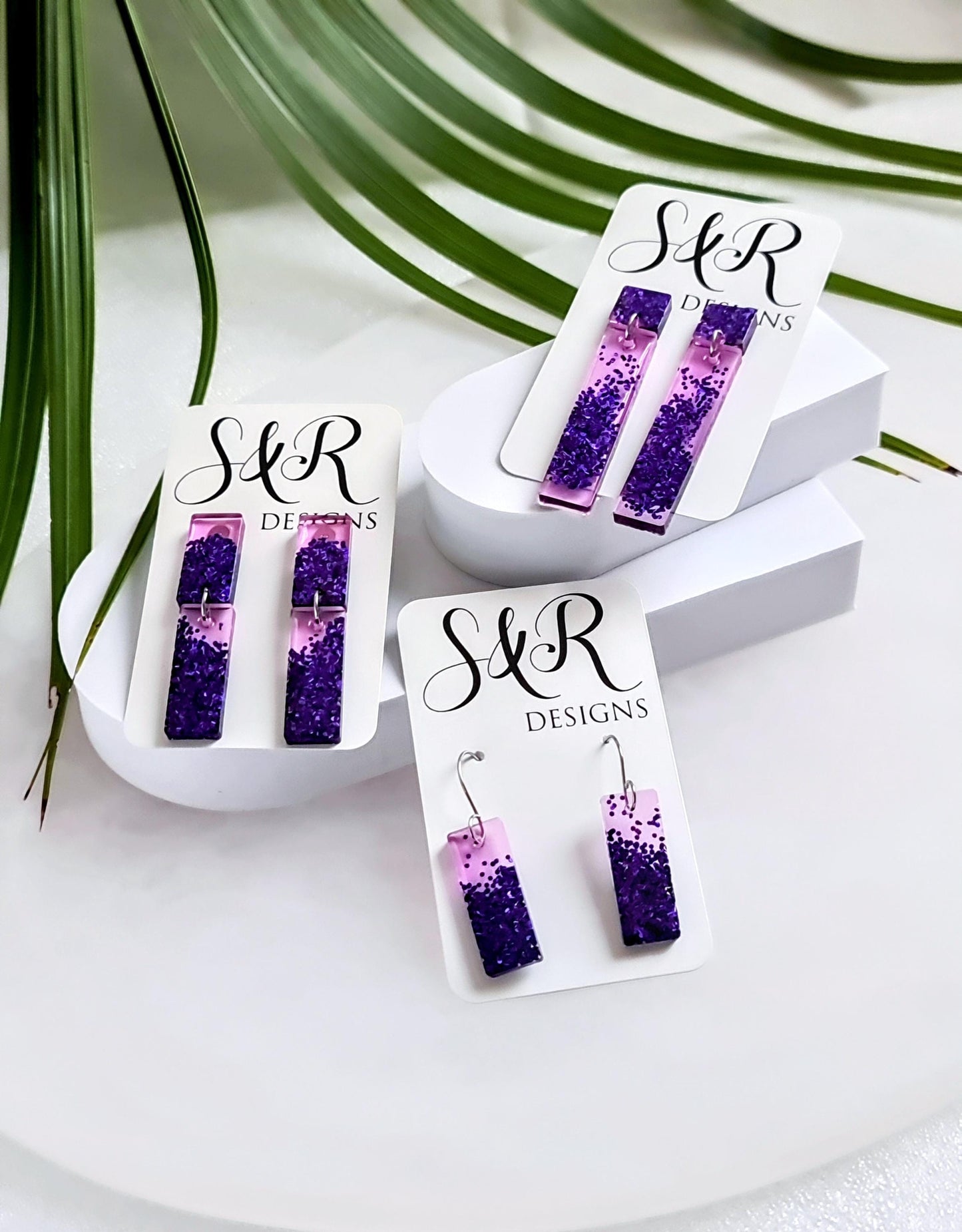 Glitter Resin Dangle Earrings, Vibrant Purple Statement Earrings, Sparkly Acrylic Bar Earrings, Lightweight Party Jewelry, Unique Rectangle