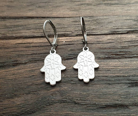 Silver Hamsa Hand Earrings, Leverback Earrings, Stainless Steel Dangle Drops, Threaders or Hook Earrings. Waterproof