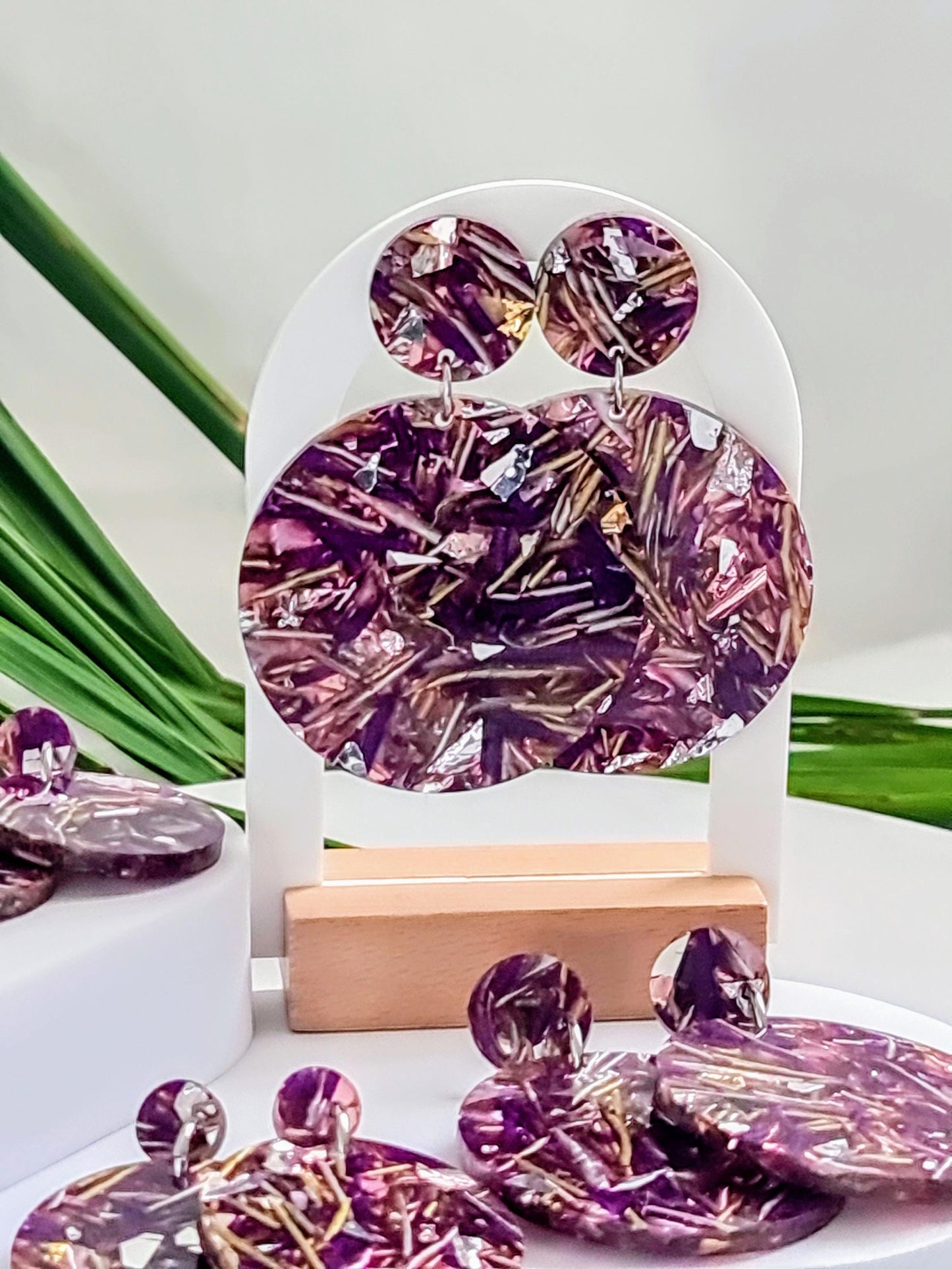 Purple Circle Dangle Acrylic Earrings, Purple Silver Gold Leaf Mix Earrings, Acrylic Earrings, Stainless Steel Earrings. Choose from 5 sizes