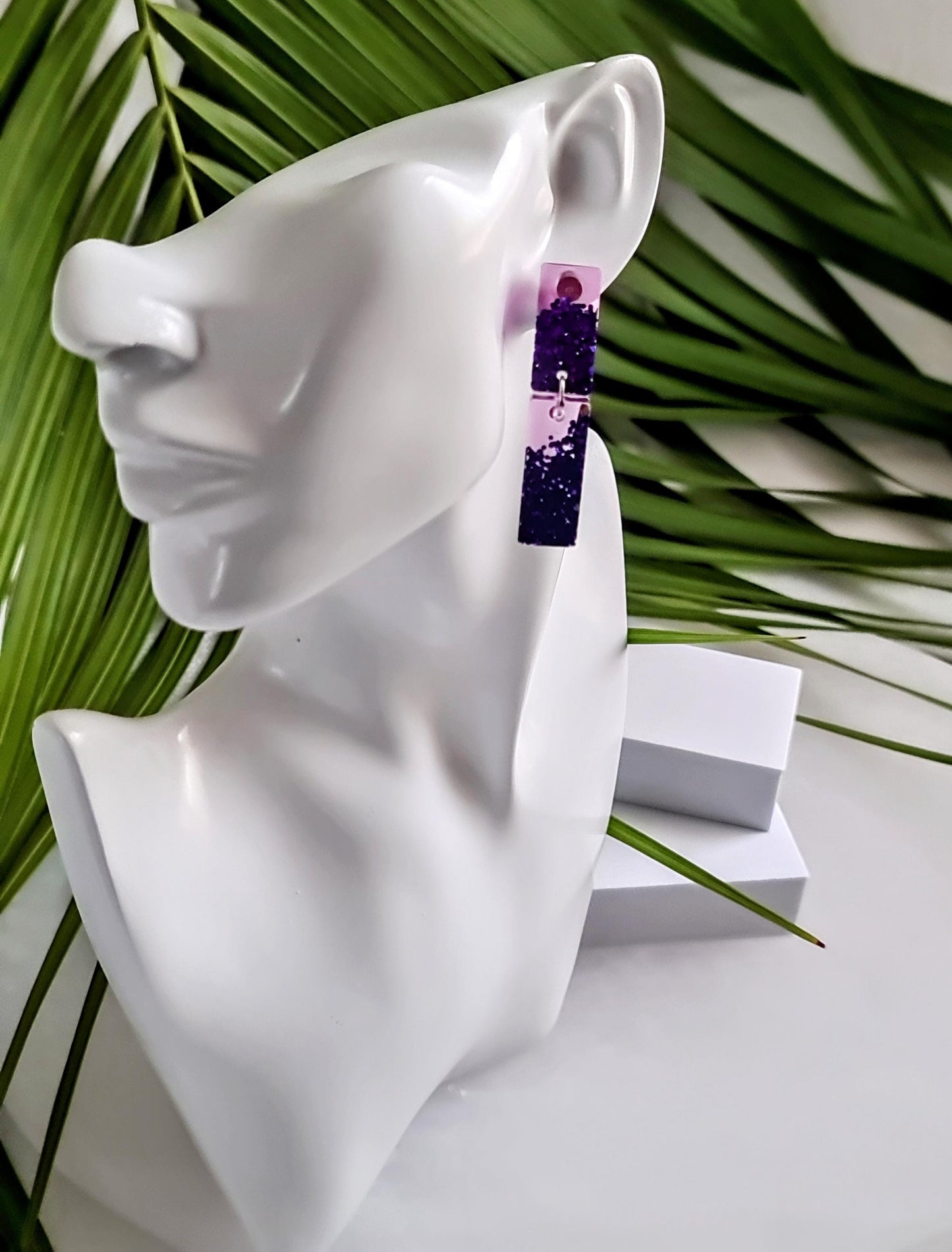 Glitter Resin Dangle Earrings, Vibrant Purple Statement Earrings, Sparkly Acrylic Bar Earrings, Lightweight Party Jewelry, Unique Rectangle