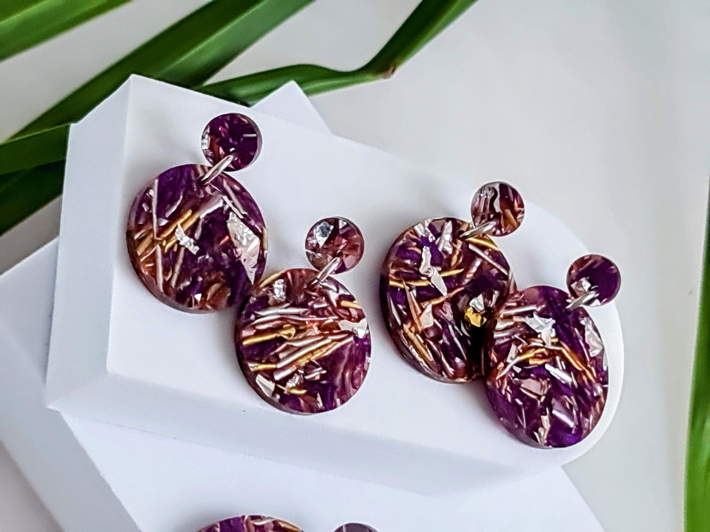 Purple Circle Dangle Acrylic Earrings, Purple Silver Gold Leaf Mix Earrings, Acrylic Earrings, Stainless Steel Earrings. Choose from 5 sizes