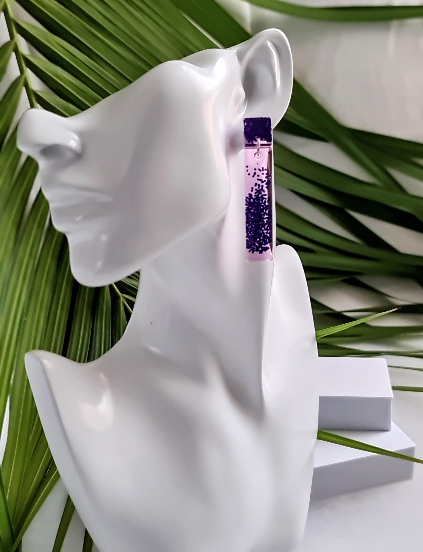 Glitter Resin Dangle Earrings, Vibrant Purple Statement Earrings, Sparkly Acrylic Bar Earrings, Lightweight Party Jewelry, Unique Rectangle