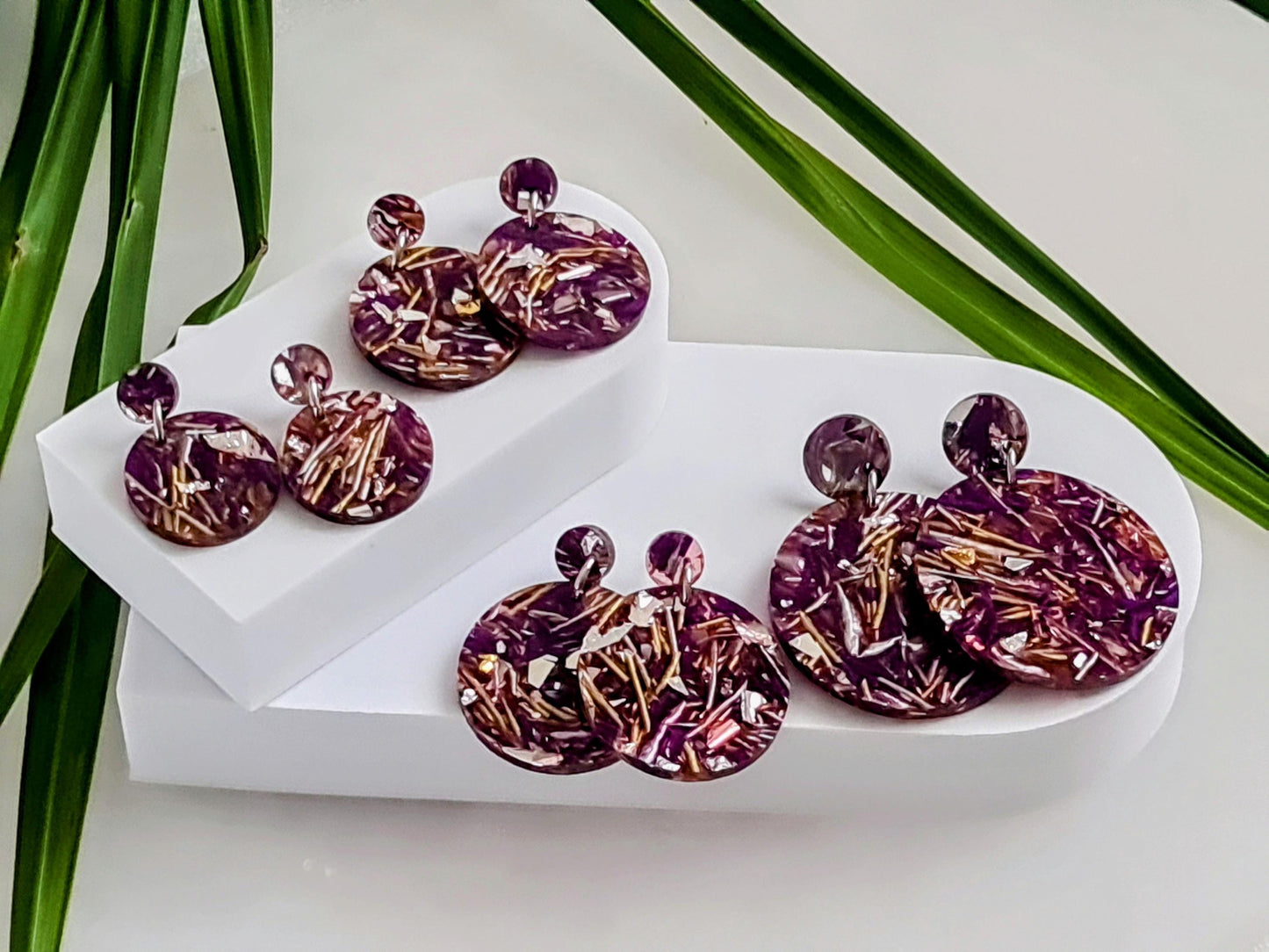 Purple Circle Dangle Acrylic Earrings, Purple Silver Gold Leaf Mix Earrings, Acrylic Earrings, Stainless Steel Earrings. Choose from 5 sizes