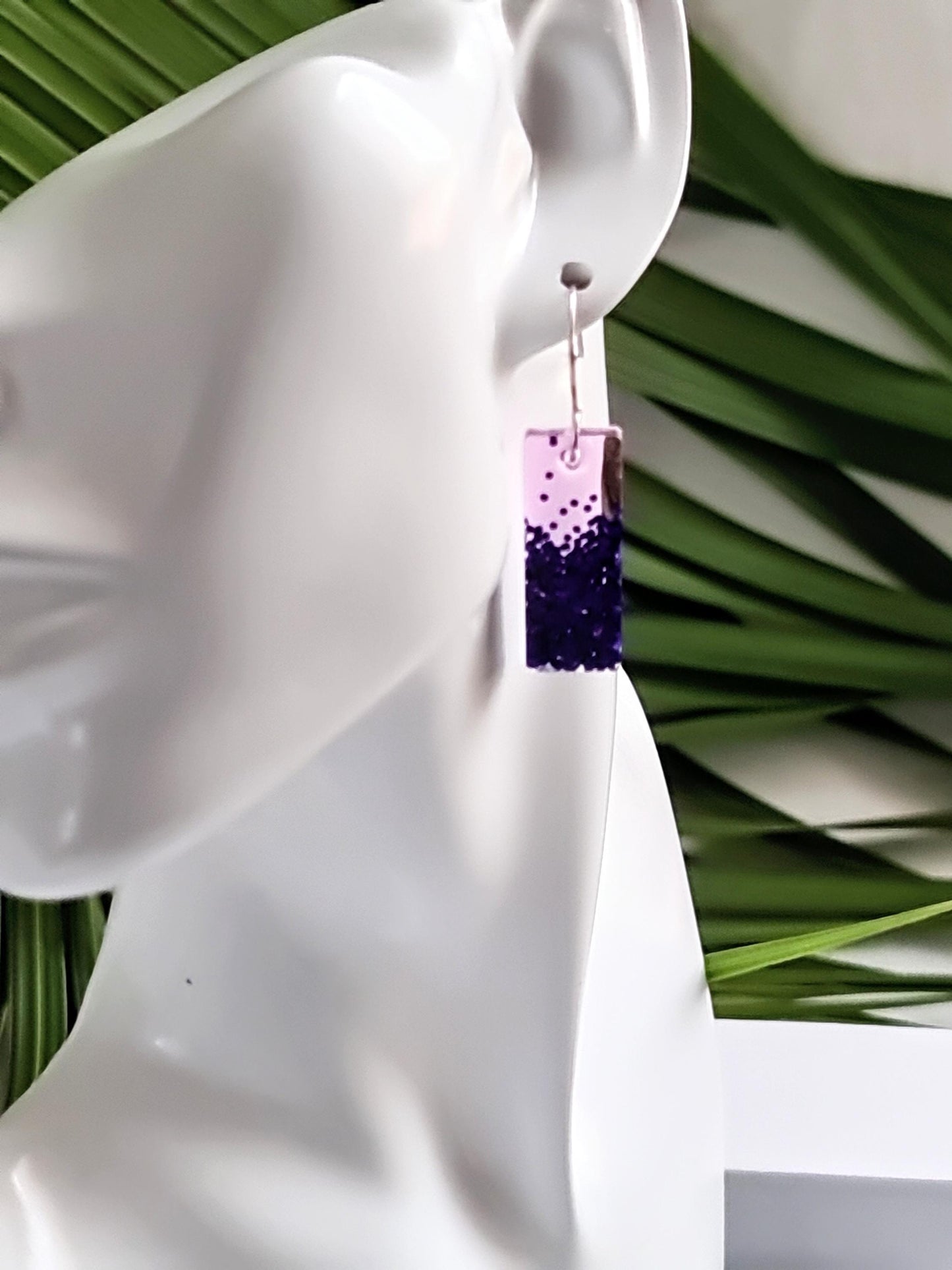 Glitter Resin Dangle Earrings, Vibrant Purple Statement Earrings, Sparkly Acrylic Bar Earrings, Lightweight Party Jewelry, Unique Rectangle