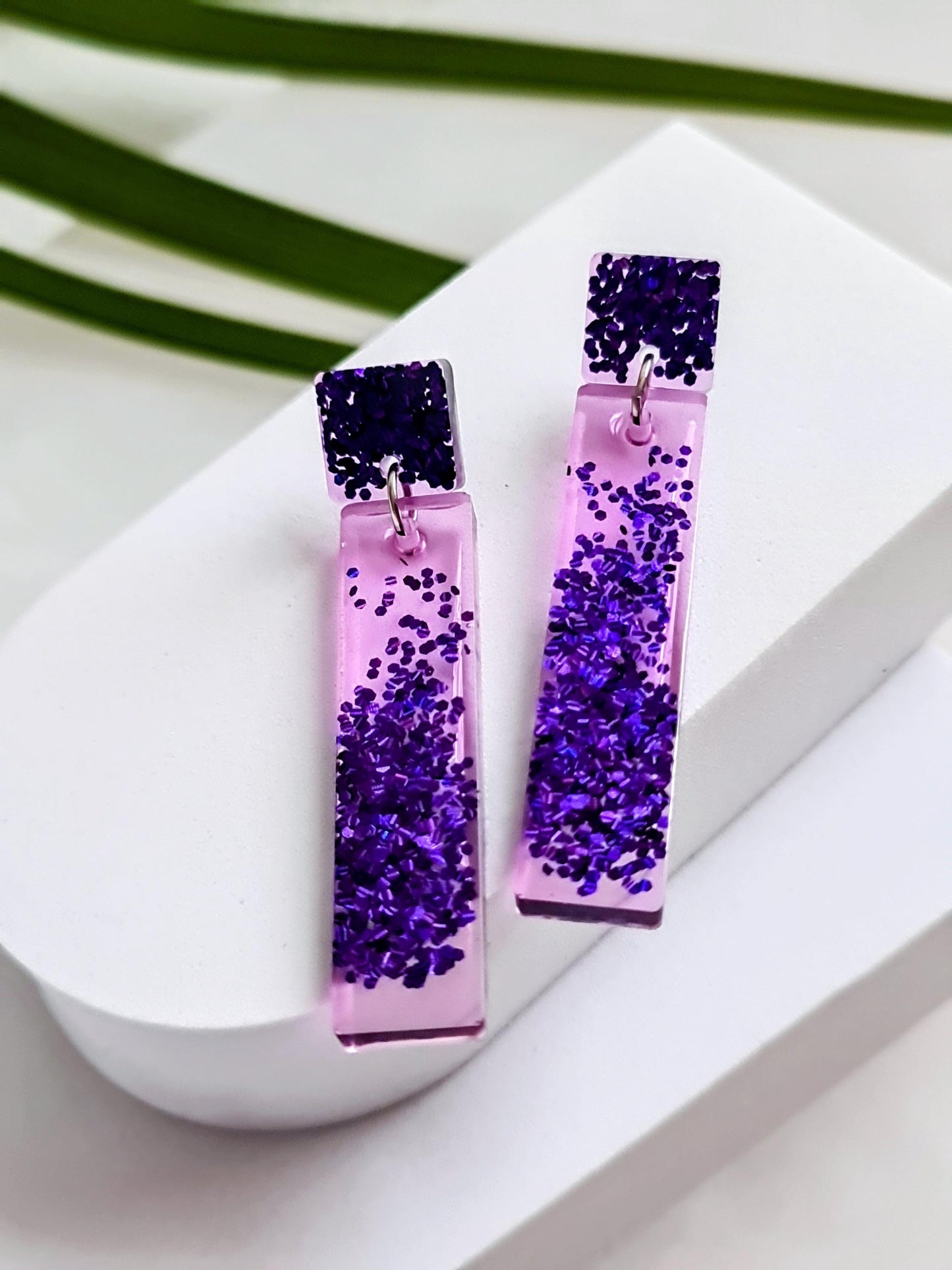 Glitter Resin Dangle Earrings, Vibrant Purple Statement Earrings, Sparkly Acrylic Bar Earrings, Lightweight Party Jewelry, Unique Rectangle