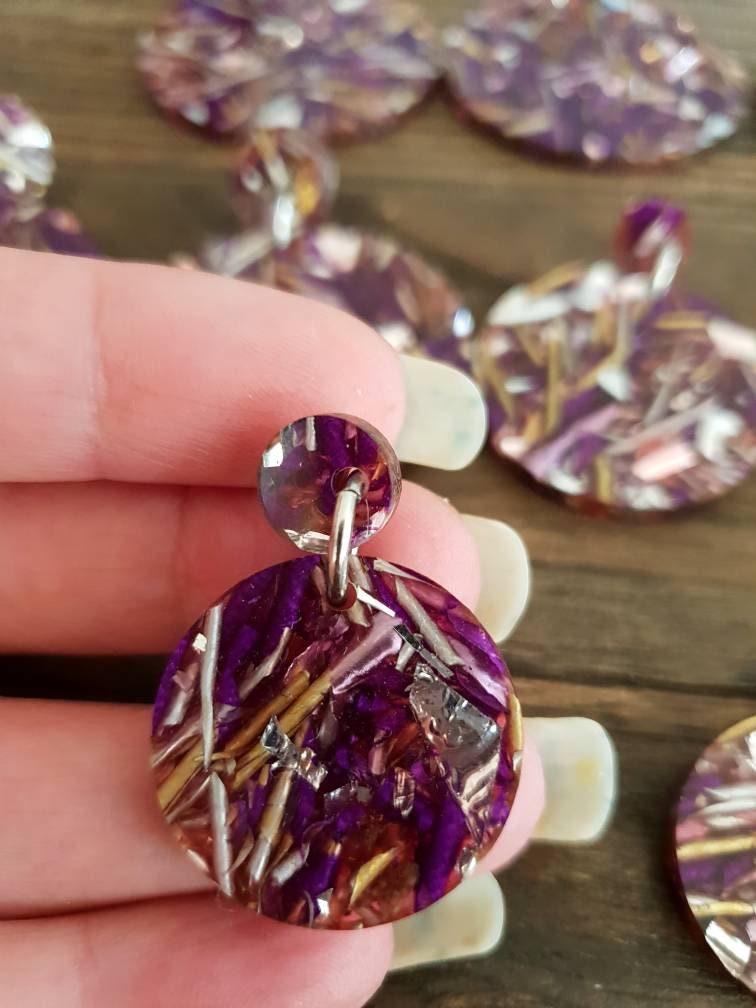Purple Circle Dangle Acrylic Earrings, Purple Silver Gold Leaf Mix Earrings, Acrylic Earrings, Stainless Steel Earrings. Choose from 5 sizes