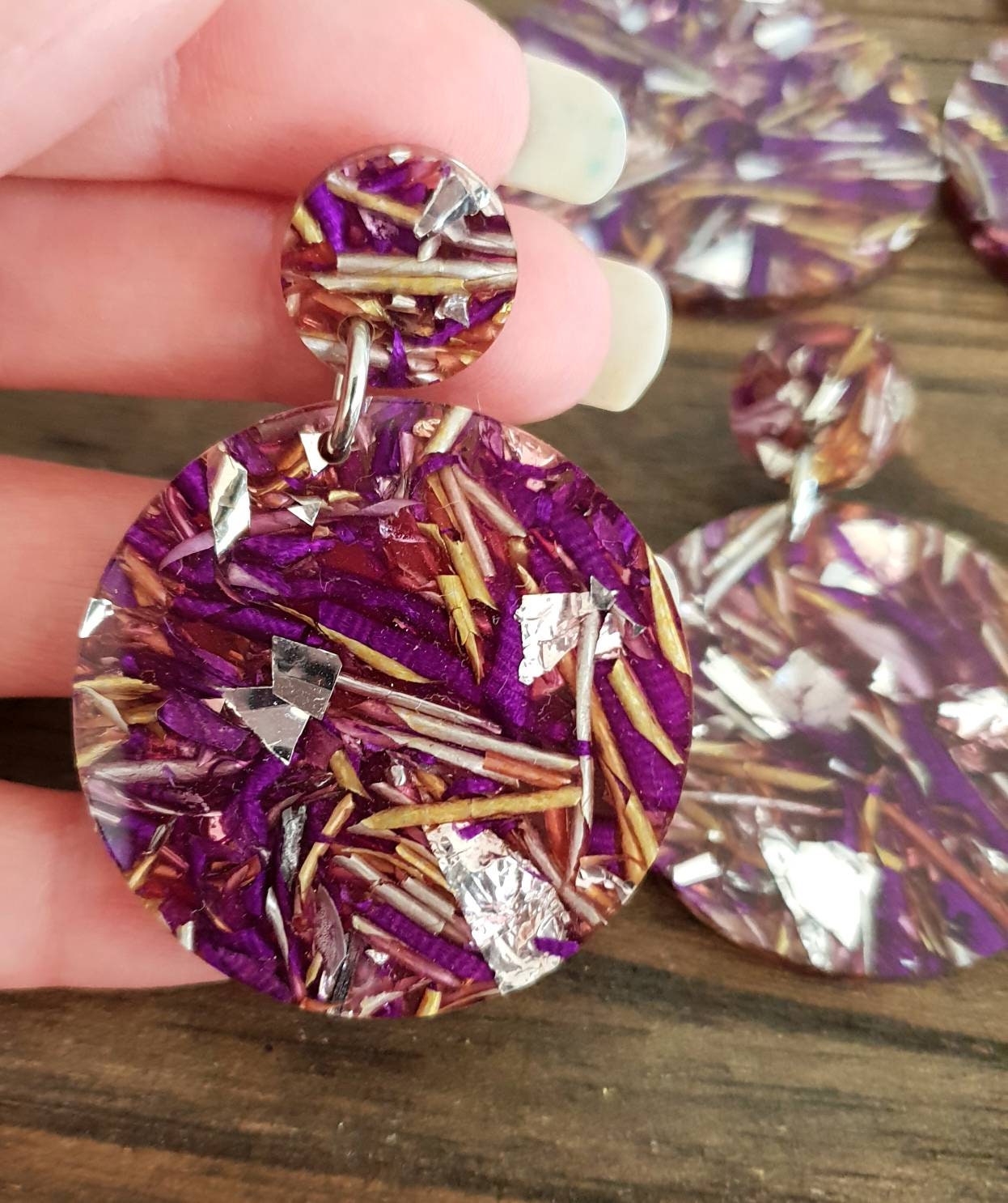 Purple Circle Dangle Acrylic Earrings, Purple Silver Gold Leaf Mix Earrings, Acrylic Earrings, Stainless Steel Earrings. Choose from 5 sizes