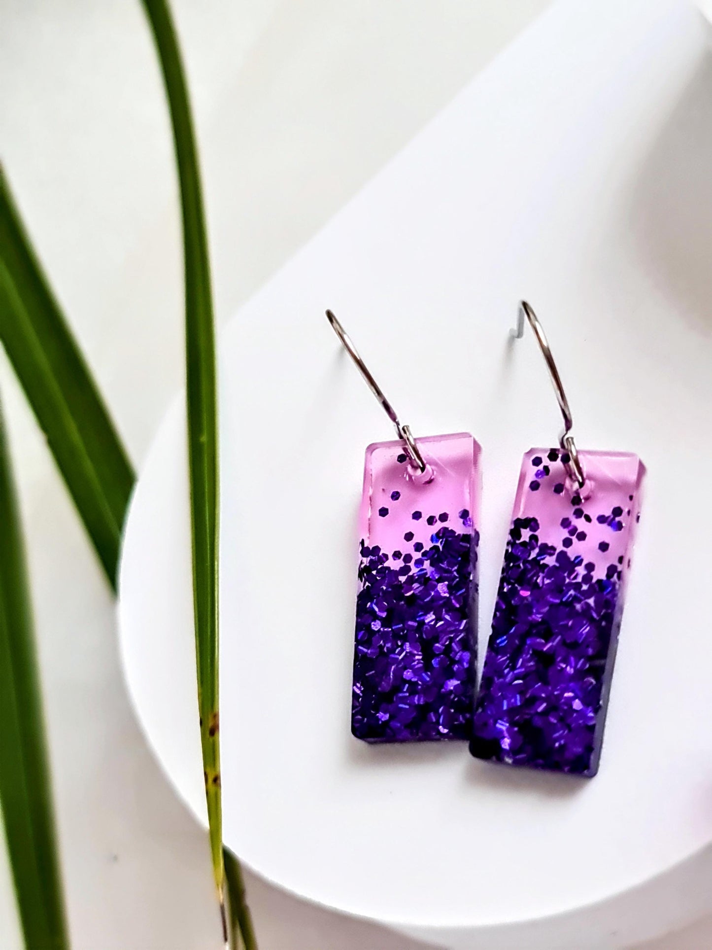Glitter Resin Dangle Earrings, Vibrant Purple Statement Earrings, Sparkly Acrylic Bar Earrings, Lightweight Party Jewelry, Unique Rectangle