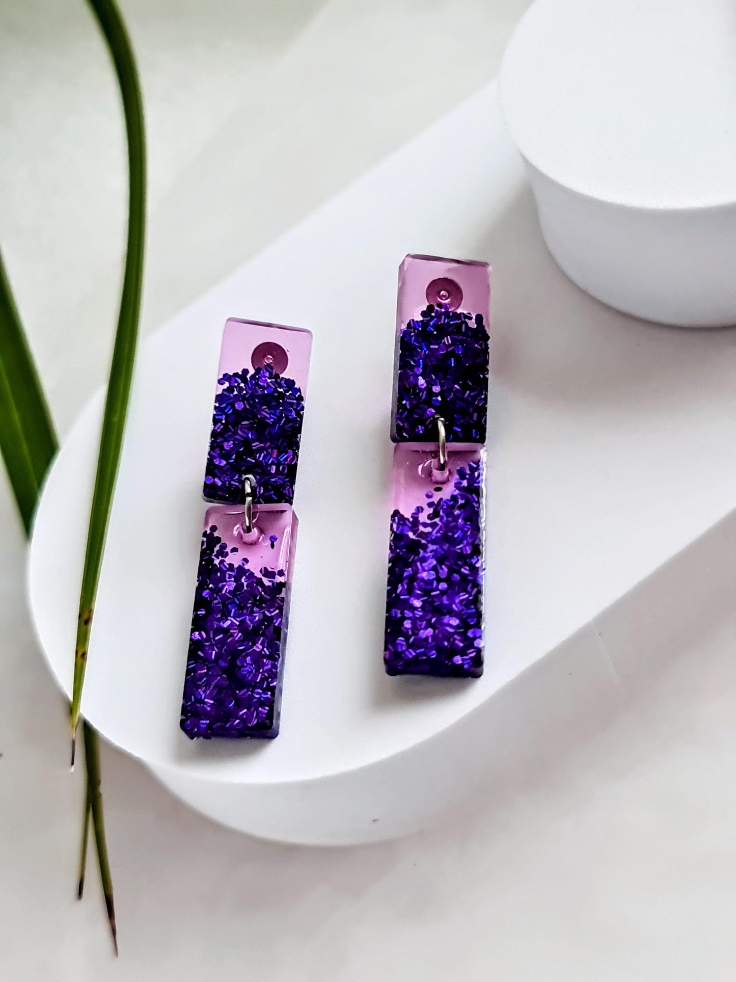 Glitter Resin Dangle Earrings, Vibrant Purple Statement Earrings, Sparkly Acrylic Bar Earrings, Lightweight Party Jewelry, Unique Rectangle