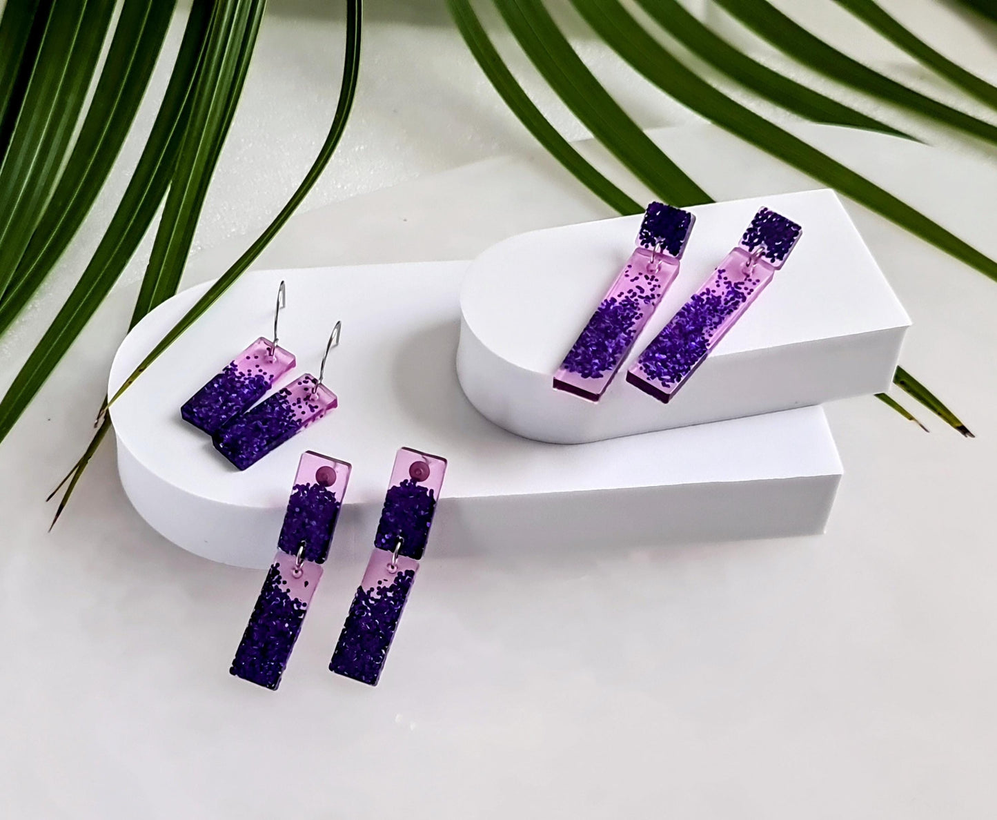 Glitter Resin Dangle Earrings, Vibrant Purple Statement Earrings, Sparkly Acrylic Bar Earrings, Lightweight Party Jewelry, Unique Rectangle