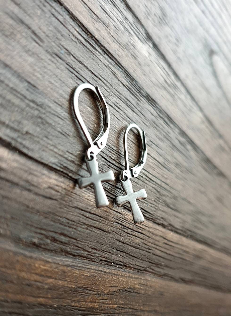 Tiny Cross Leverback Earrings, Stainless Steel Dangle Leverback or Hook Earrings.